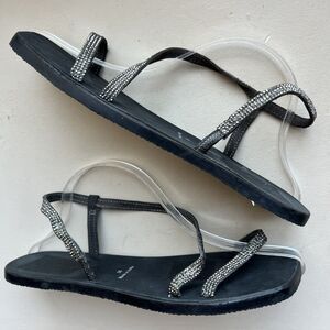 Free People Crystal Cove Black Leather Flat Sandal Rhinestone EU 39 US 8.5 - 9